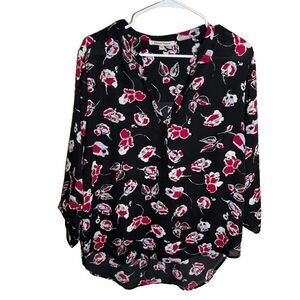 Black Rainn Blouse Women's Large Black Floral 3/4 Sleeve V-Neck Career Top